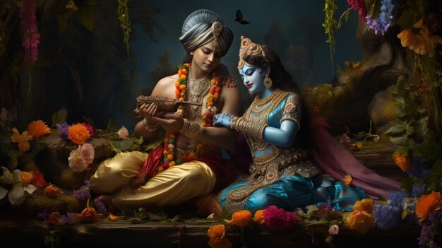 Arte digital Radha Krishna flores amantes divinos imagen arte generado por la IA