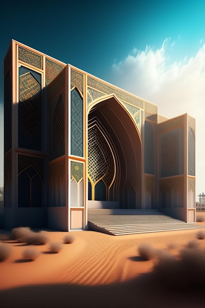 Arte digital realista 3D cena do deserto do século VIII com tendas árabes cavalos camelos e um islâmico