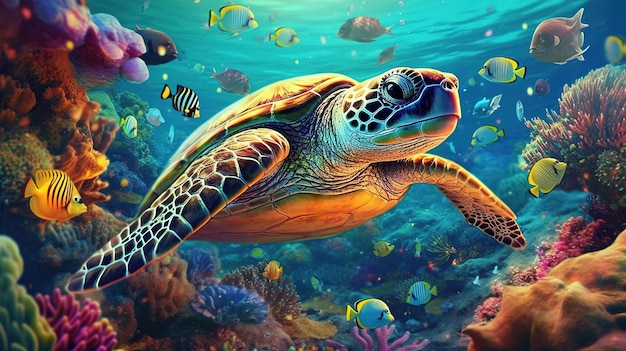 Arte digital retratando uma majestosa tartaruga marinha nadando em águas vibrantes