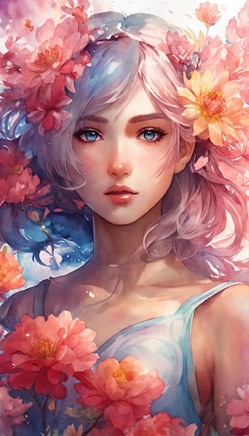 arte digital selecionada para a arte de anime de aquarela abstrata de uma menina mágica cercada por flores