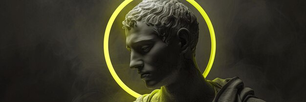 Arte digital surrealista com um círculo verde néon em torno da cabeça de uma estátua antiga de um homem