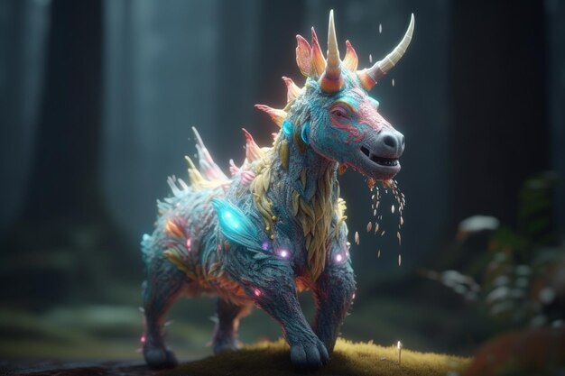 Un arte digital de un unicornio con un cuerno azul y verde.