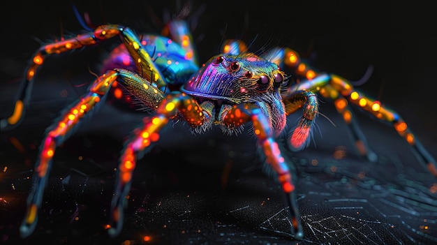 Arte digital vibrante de uma aranha colorida em um fundo escuro