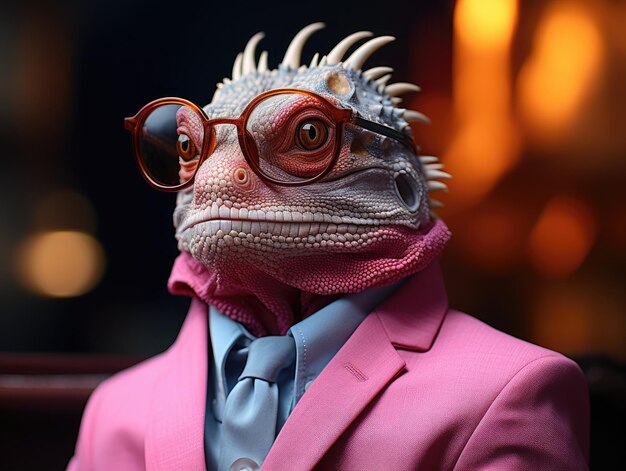 Arte divertido y creativo una iguana con gafas y una chaqueta vívida generada por IA