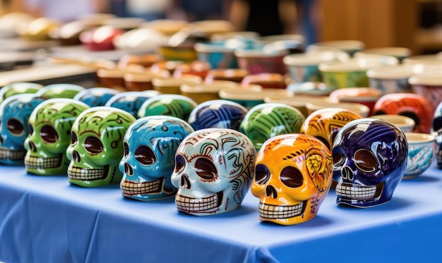 Arte do crânio pintada com desenhos mexicanos com flores coloridas celebrando o Dia dos Mortos