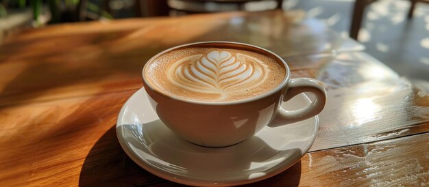 Arte do latte em uma xícara de café em uma mesa de café vazia