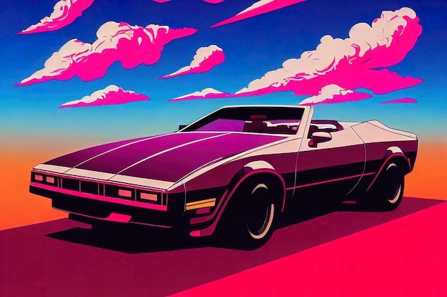 Arte dos anos 80 do estilo synthwave do carro da onda retrô