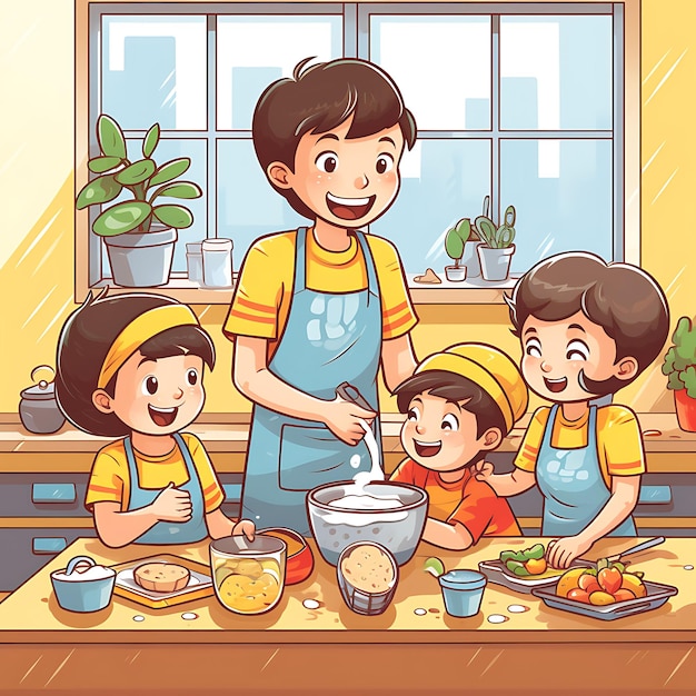 Arte em Aquarela de Crianças Ajudando na Cozinha Crianças Ajudando no Trabalho Alimentar Festival Li Dongzhi