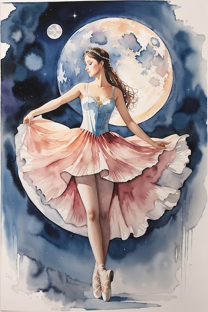 arte em aquarela de linda bailarina dançando no palco