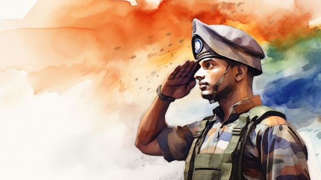 Arte em aquarela de soldado indiano saudando a bandeira nacional indiana