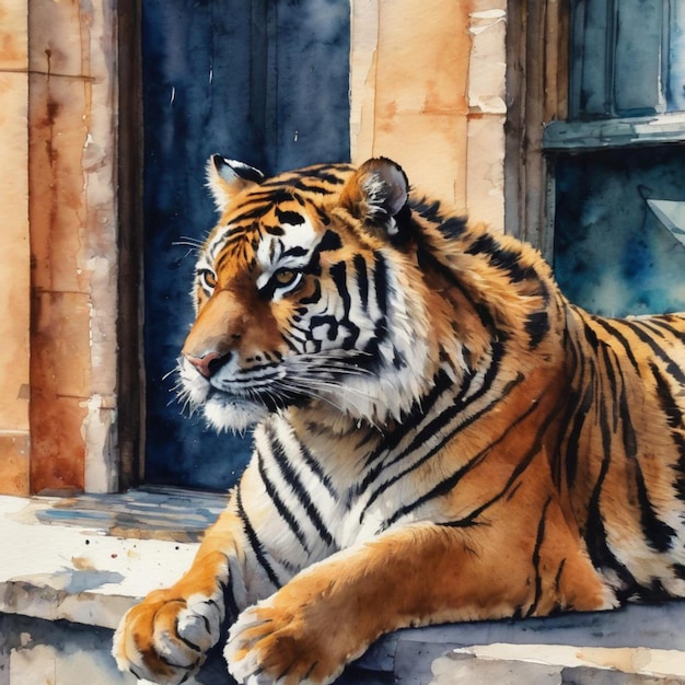 Arte em aquarela de um tigre empoleirado em uma borda