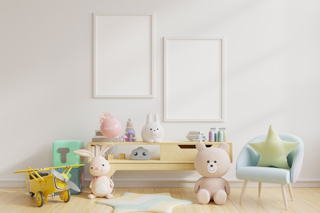 Arte em branco emoldurada em quarto infantil, quarto infantil, berçário, renderização em 3d