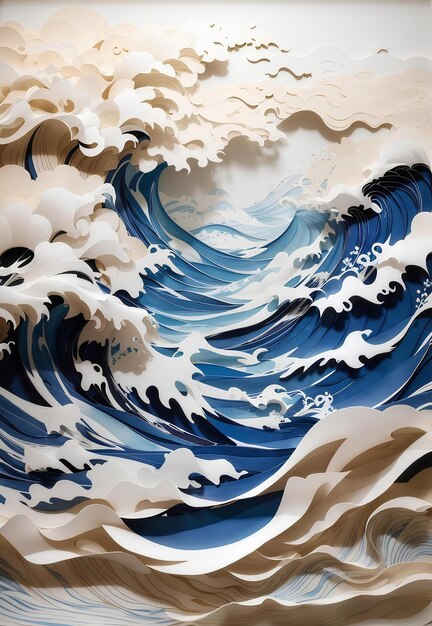 Arte em camadas de papel azul e branco ondas gigantes japonesas