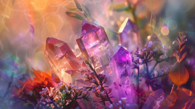 Arte em close-up de cristais roxos e flores em tons de magenta