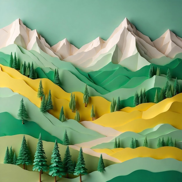 Arte em papel 3D da cena da natureza Paisagem montanhosa em papel