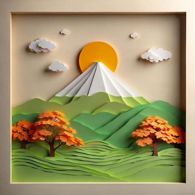 Arte em papel 3D da cena da natureza Papercraft Paisagem da montanha Fuji