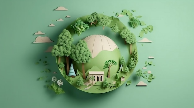 Arte em papel celebrando o meio ambiente mundial e o Dia da Terra, abraçando o conceito verde AI