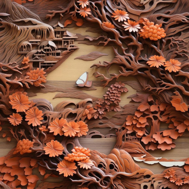 Arte em papel com árvores e paisagens em azulejos vermelhos e marrons