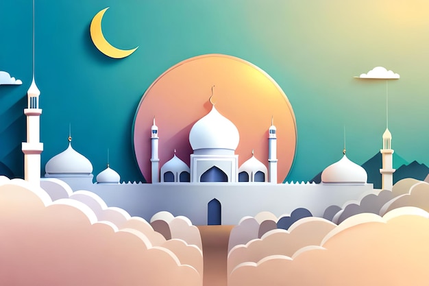 Arte em papel de uma mesquita com a lua e as estrelas