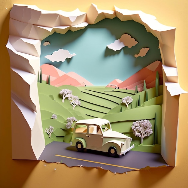 Arte em papel de verão Uma viagem de um dia Fuja da cidade em um fim de semana de férias com uma IA geradora de carros