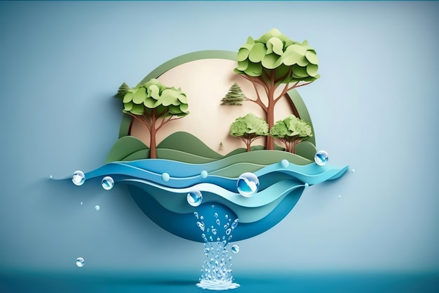 Arte em papel Economizando água e dia mundial do meio ambiente Ecologia e dia mundial da água proteção ambiental e salvar a água da terra Gerar Ai