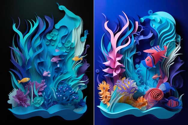 Arte em papel oceano azul modelo 3D arte de corte de papel extravagante