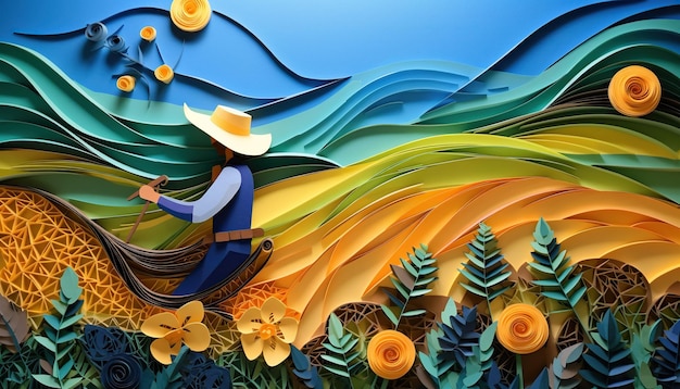 Arte em papel quilling de agricultores trabalhadores plantando colheitas em campos sobre fundo de papel colorido