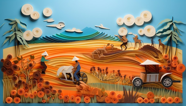 Arte em papel quilling de agricultores trabalhadores plantando colheitas em campos sobre fundo de papel colorido