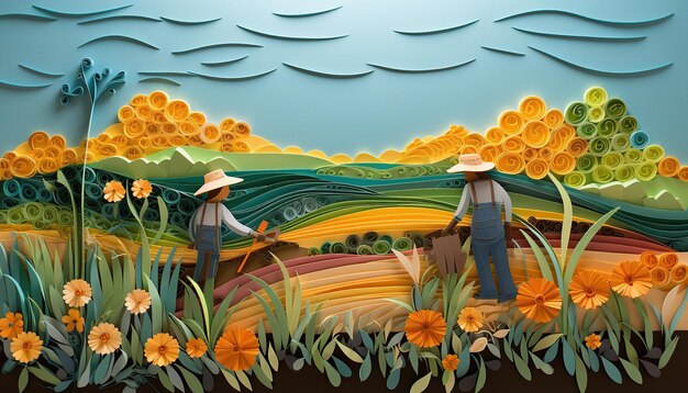 Arte em papel quilling de agricultores trabalhadores plantando colheitas em campos sobre fundo de papel colorido