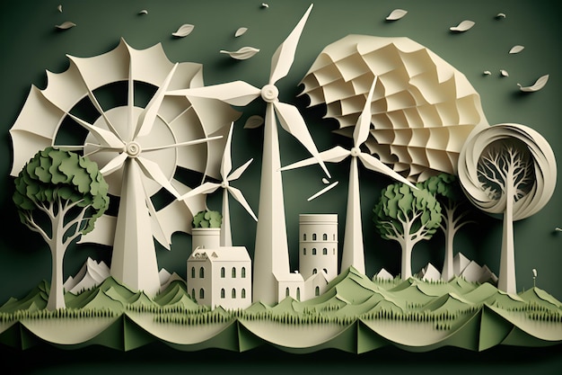 Arte em papel renovável eco energia verde como turbinas eólicas Generative AI 1