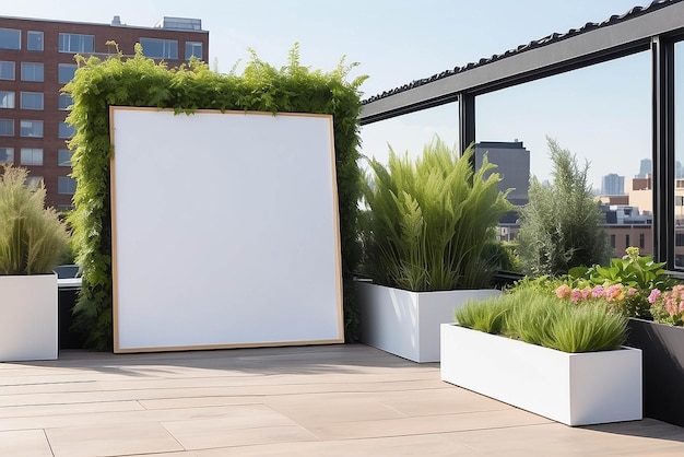 Arte em um jardim no telhado com um modelo de configuração com espaço vazio branco em branco para colocar seu projeto
