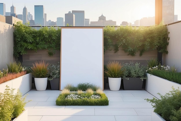 Arte em um jardim no telhado com um modelo de configuração com espaço vazio branco em branco para colocar seu projeto