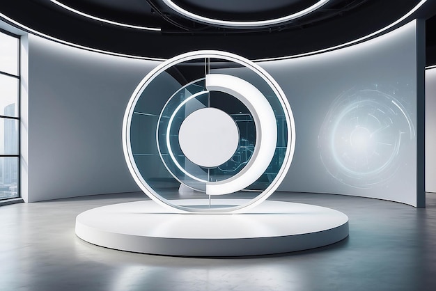 Arte em uma exibição circular rotativa em um modelo de sala de exposições futurista com espaço branco vazio para colocar seu projeto