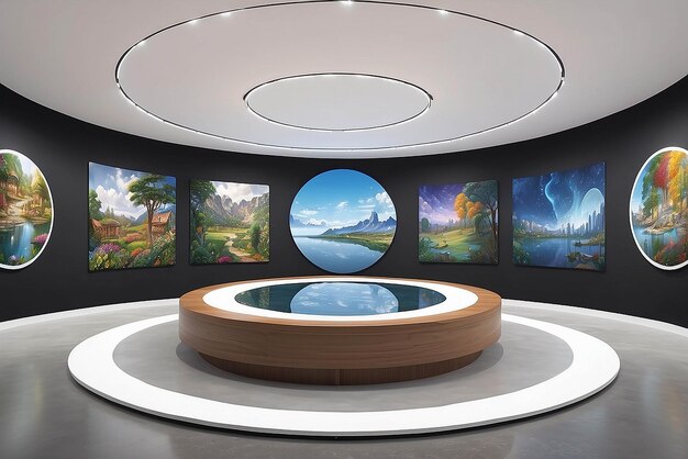 Foto arte em uma exibição panorâmica de 360 graus em um modelo de sala circular