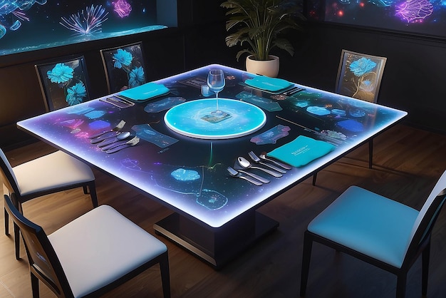 Arte em uma mesa de jantar holográfica com elementos interativos e configurações dinâmicas da mesa