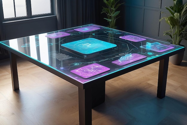 Arte em uma mesa de jantar holográfica com maquete de elementos interativos