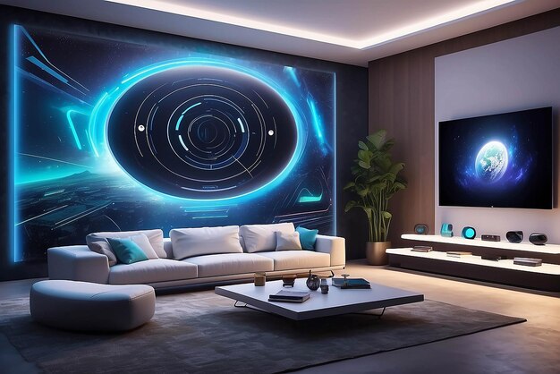 Arte em uma parede LED em uma casa futurista com controles ativados por voz e ambiente personalizado para um modelo de espaço de vida de alta tecnologia