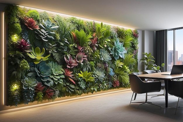 Foto arte em uma parede viva com leds incorporados e paisagens sonoras em um escritório biofílico com um modelo de interação dos funcionários
