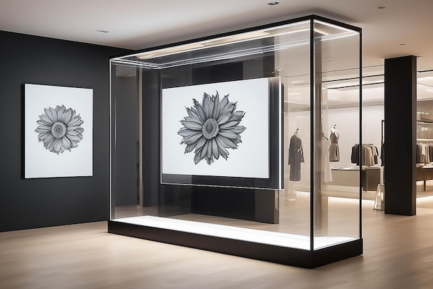 Arte em uma vitrine OLED transparente em uma maquete de espaço de varejo com espaço branco vazio para colocar seu projeto