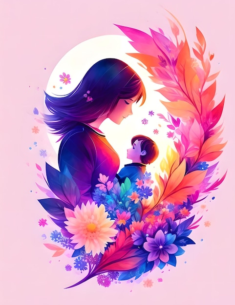 Arte de fantasía de la ilustración de la madre y su hijo