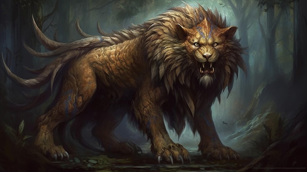 Un arte de fantasía de un león con una cola grande y una cola grande.
