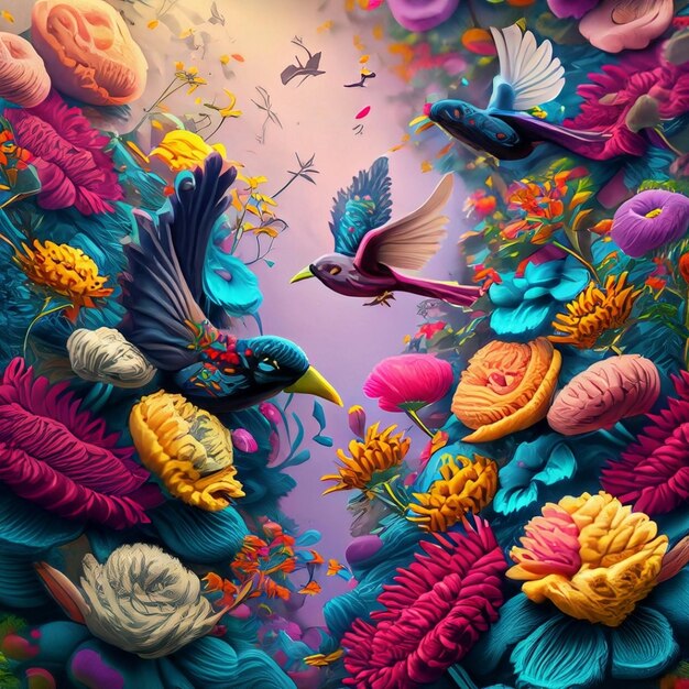 Arte de fantasía, varios tipos de pájaros revolotean con gracia en medio de una profusión de flores coloridas.