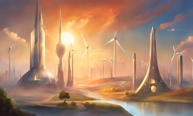 Arte fantástica do horizonte de uma cidade com turbinas eólicas e painéis solares integrados em edifícios