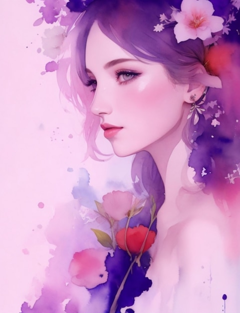 Arte feminina em aquarela de elegância floral