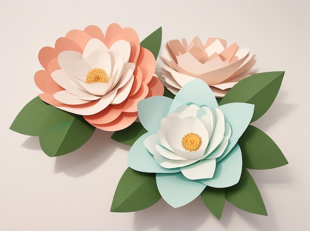 Arte en flor 3D Flores de papel con hojas y tallos pintados