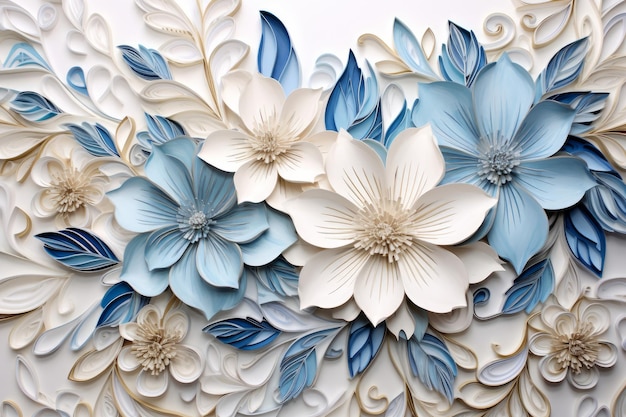 Arte de flor blanca azul adornado Pared decorativa Generar ai