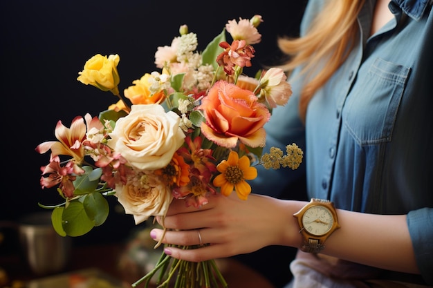 Arte floral Mãos cuidadosas modelam um lindo buquê de uma variedade colorida