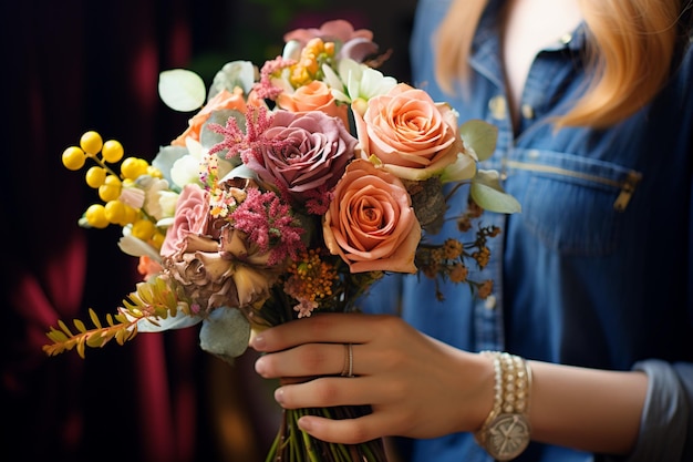 Arte floral Mãos cuidadosas modelam um lindo buquê de uma variedade colorida