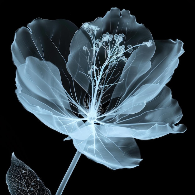 Arte floral de rayos X radiante con pétalos azules luminescentes
