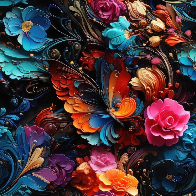 Arte floral requintada com cores vibrantes e formas em camadas ladrilhadas